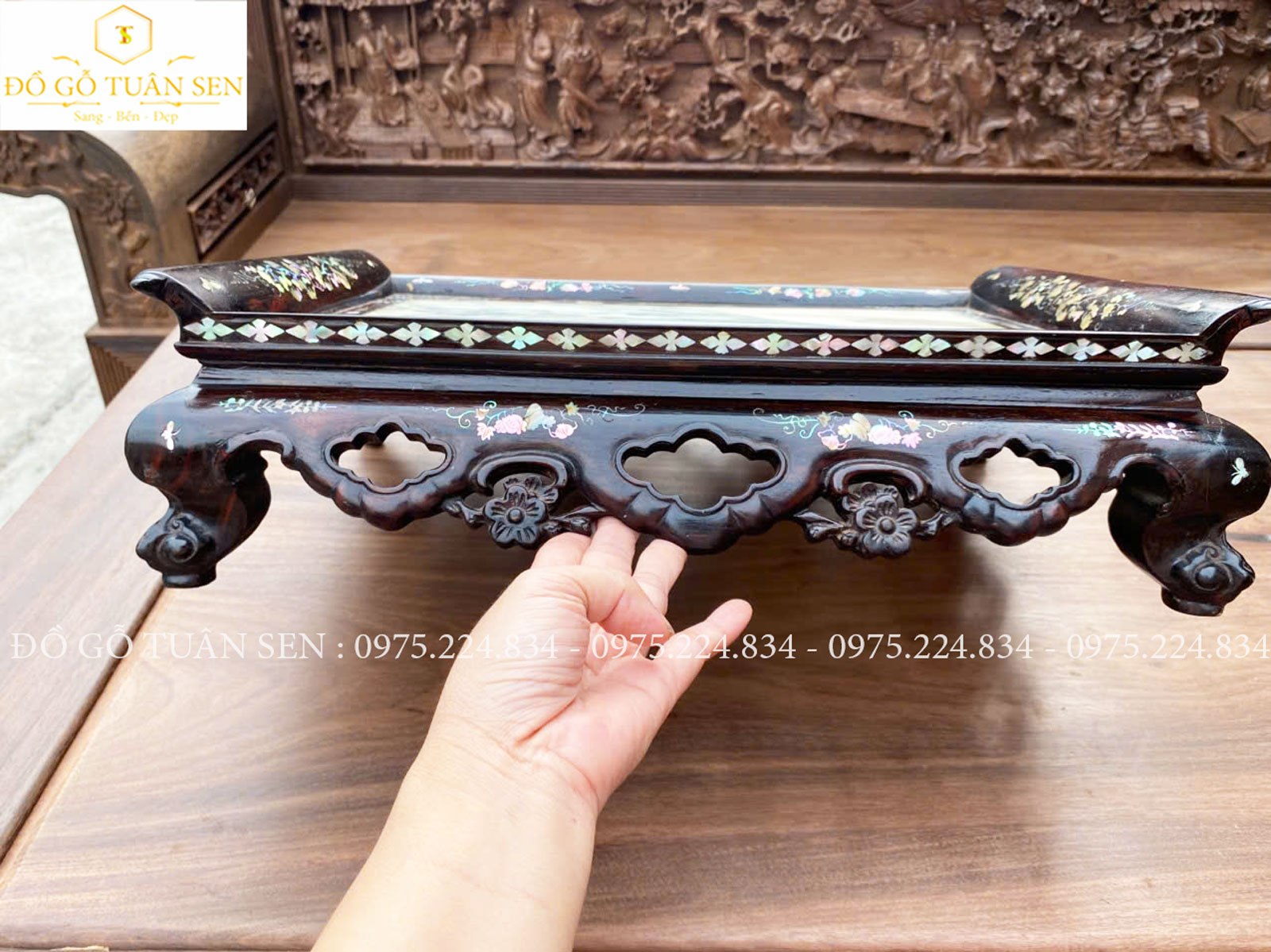 Hình ảnh khay trà gỗ trắc khảm ốc